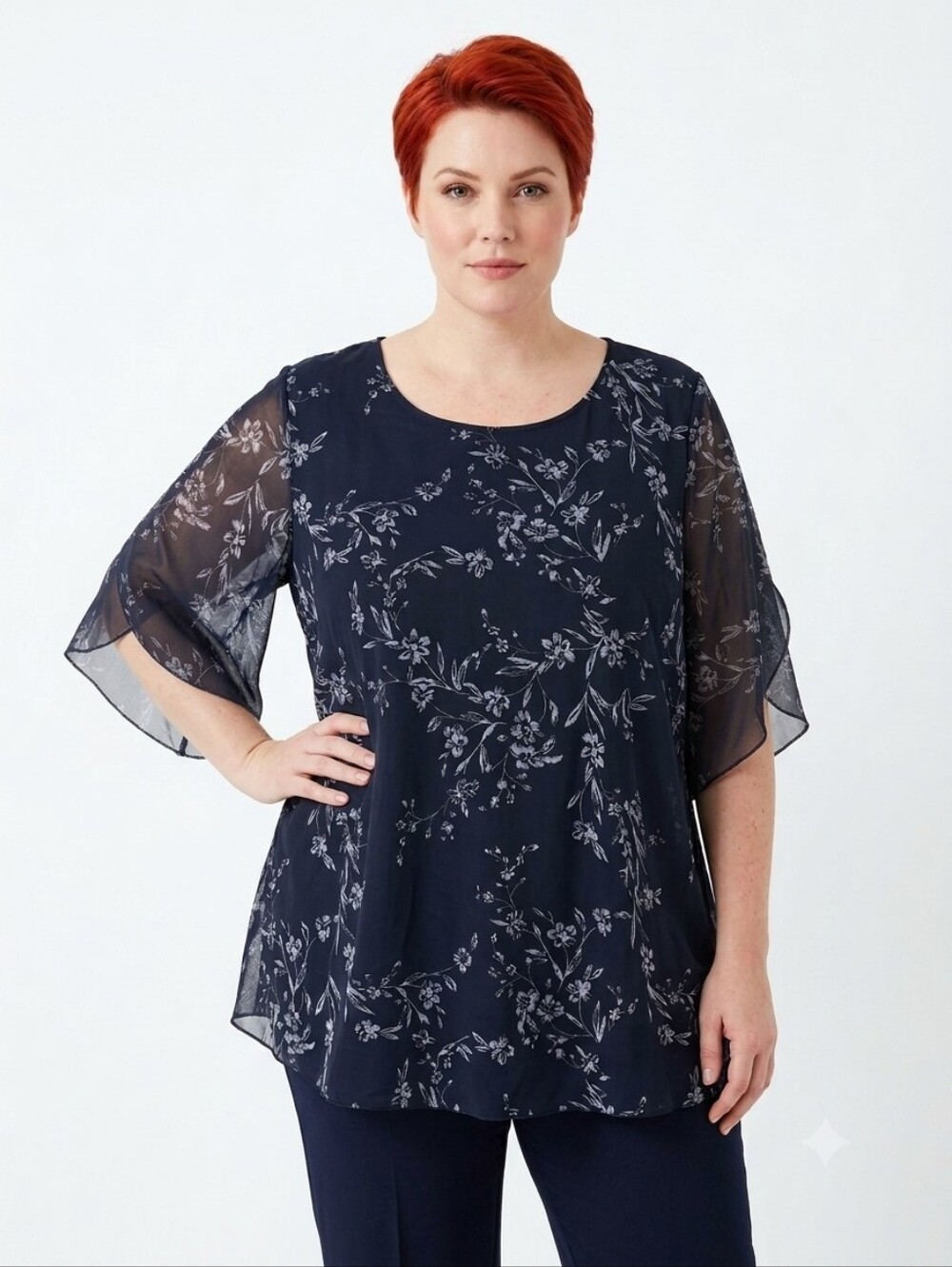 Sese Code Blouse Women 2XL Black Floral Chiffon Lined Sheer Tulip Sleeve Dressy